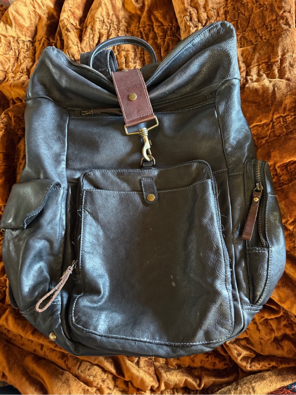 Urban Outfitters Black & Brown Faux Leather Backpack with Gold Accents